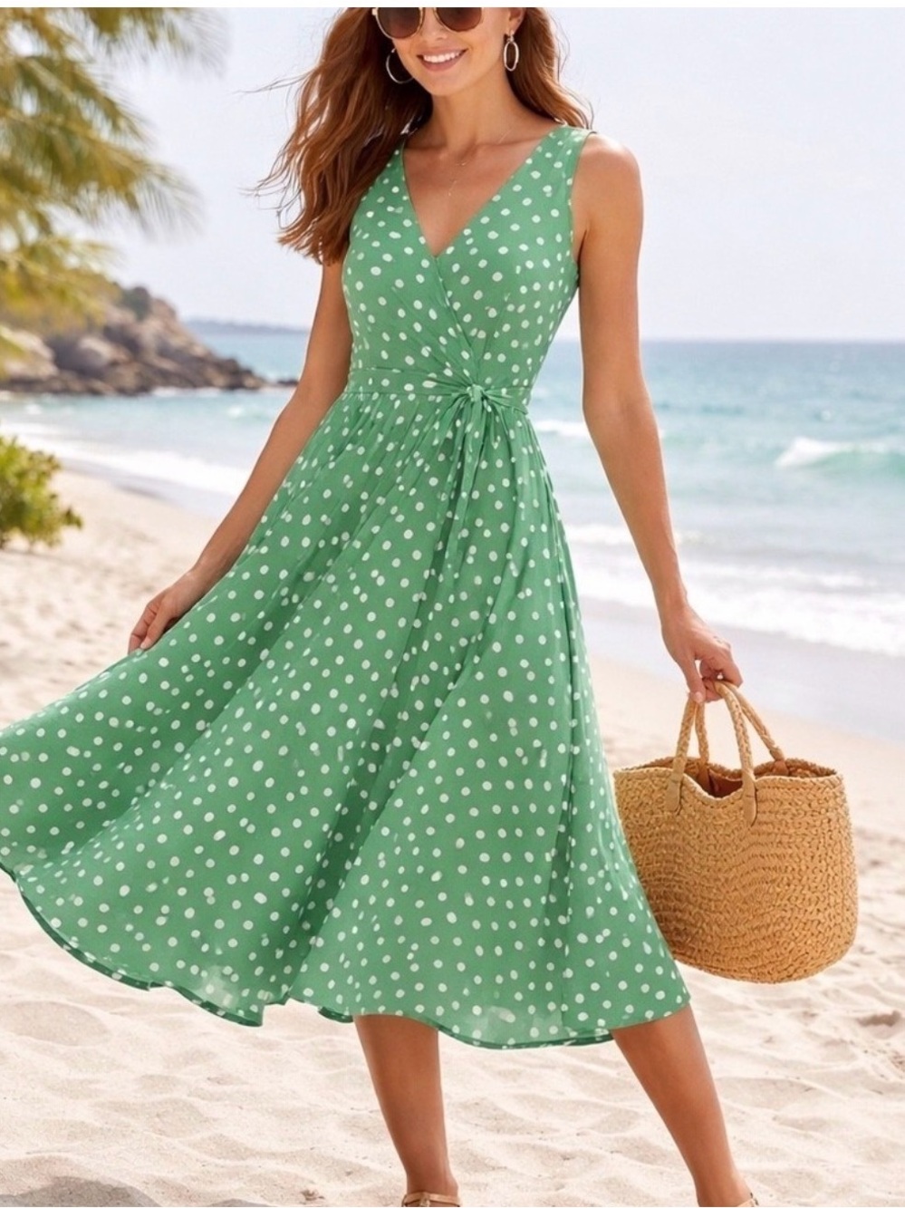 LOFT Green Polka Dot Linen Blend Godet Midi Dress Tie Waist